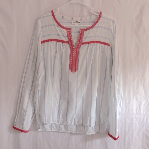Vineyard Vines Blue White Stripe Pink Embroidered Boho Blouse Tunic Top Size S - Picture 2 of 10